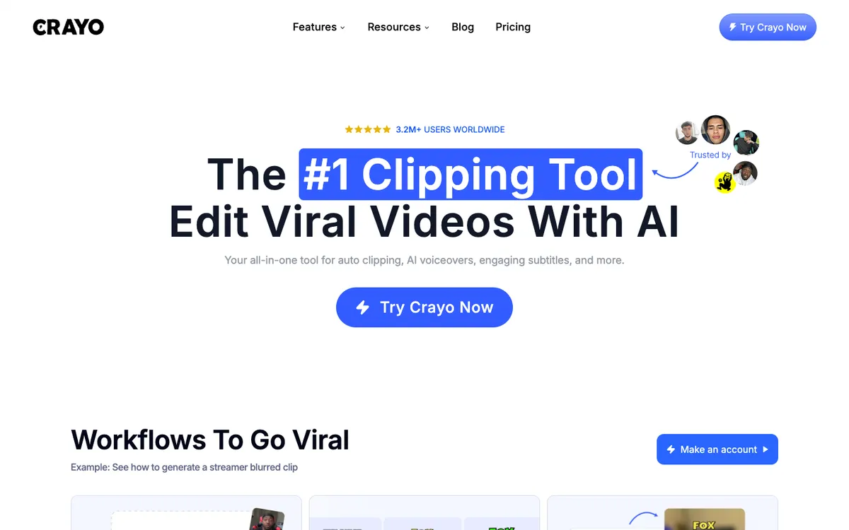 Crayo homepage with the headline The #1 Clipping Tool, Edit Viral Videos With AI, and a 3.2M+ users badge