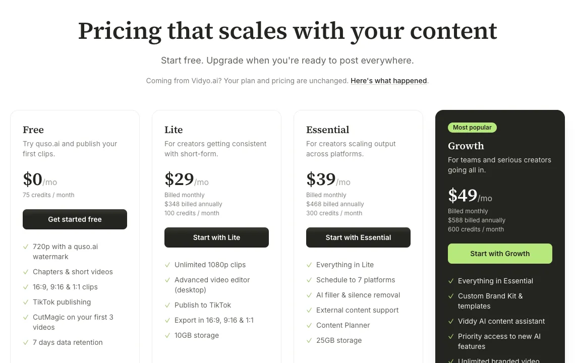 quso.ai pricing page: Free $0 with 75 credits a month, Lite $29, Essential $39 and Growth $49 a month