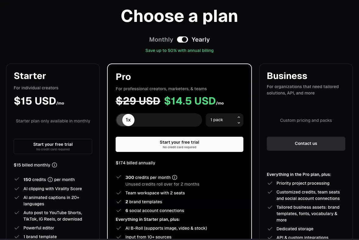 OpusClip pricing page with yearly billing selected: Starter $15 a month, Pro $14.50 a month billed yearly, Business custom