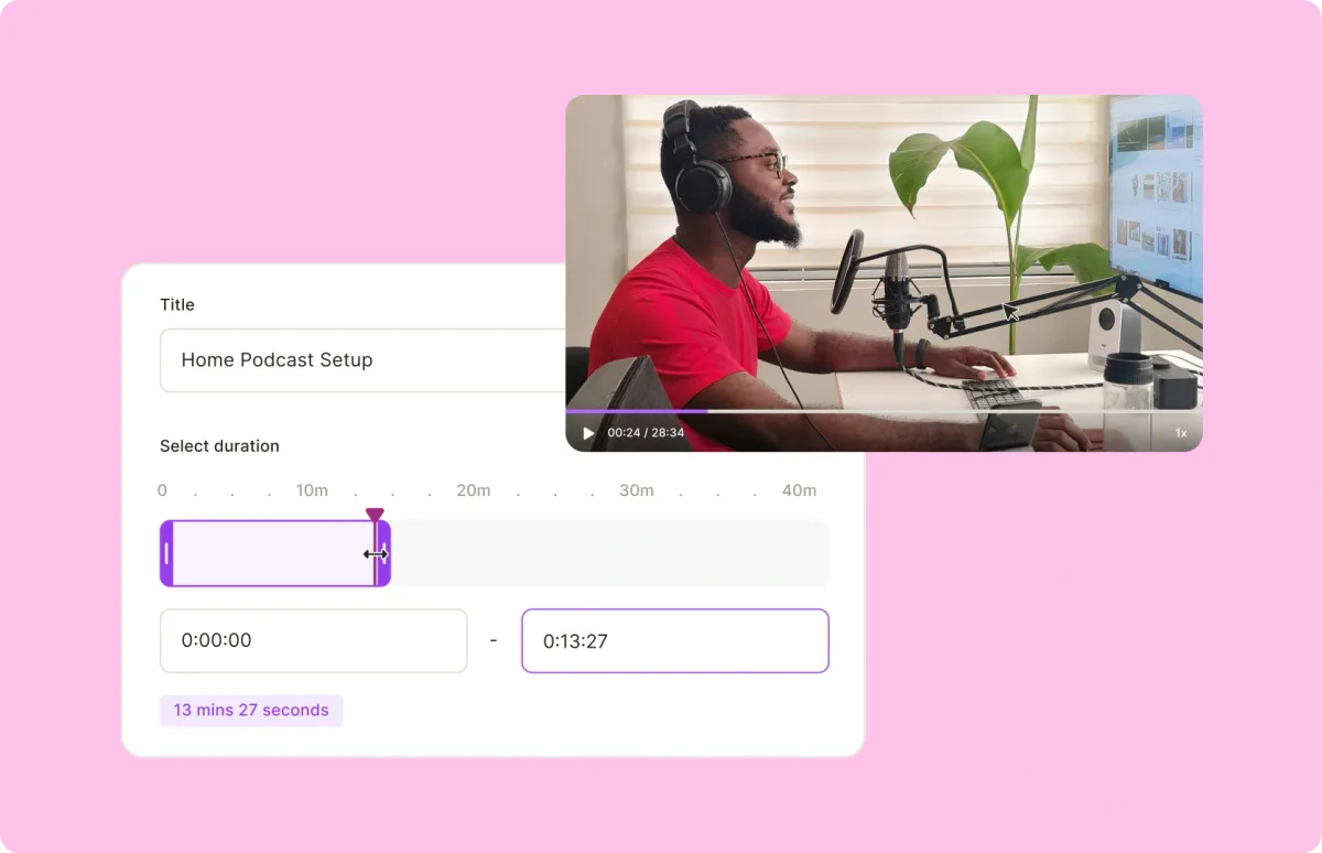 quso.ai custom clip panel with a duration slider and start and end time fields set to 0:00:00 and 0:13:27