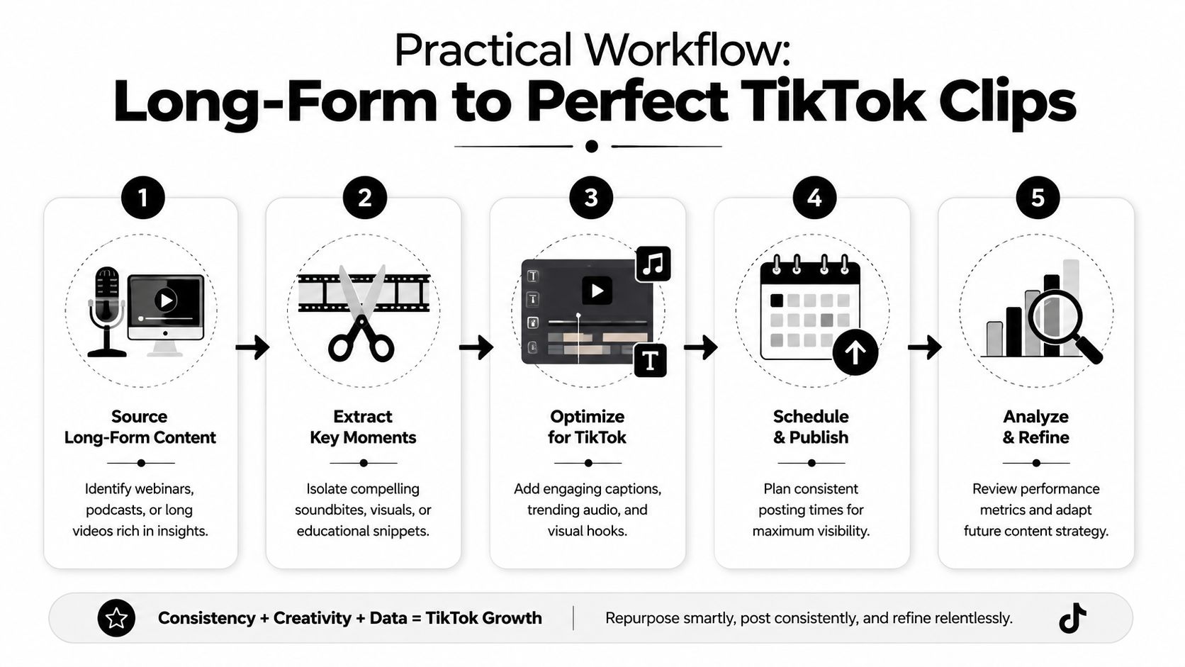 A five-step infographic showing how to turn long-form videos into engaging and optimized TikTok clips.