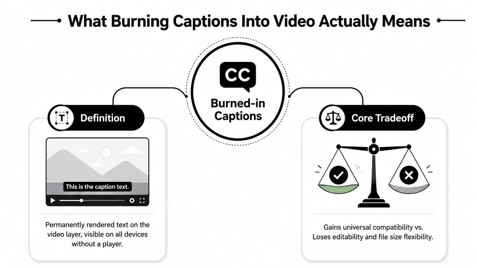 An infographic explaining burned-in captions, detailing their permanent rendering on video layers and universal compatibility benefits.