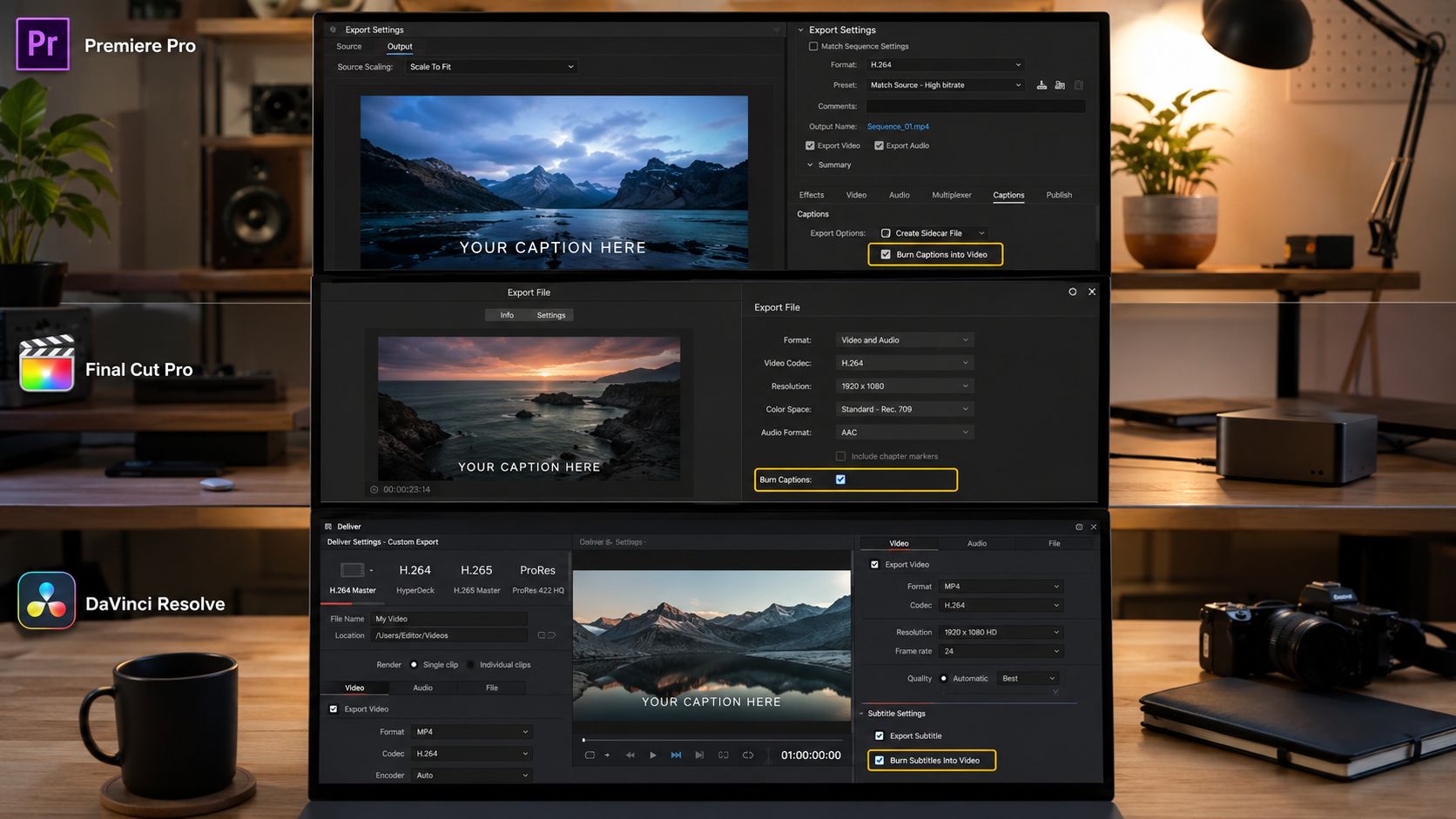 A comparison of how to burn captions into video files across Premiere Pro, Final Cut Pro, and DaVinci Resolve.
