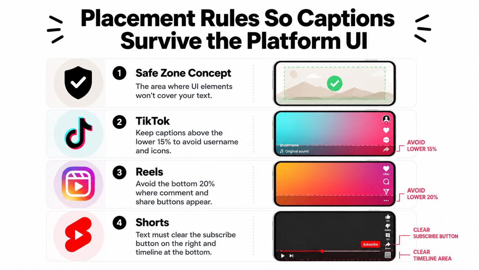 An infographic showing safe zones for video captions to avoid overlaying platform UI elements.