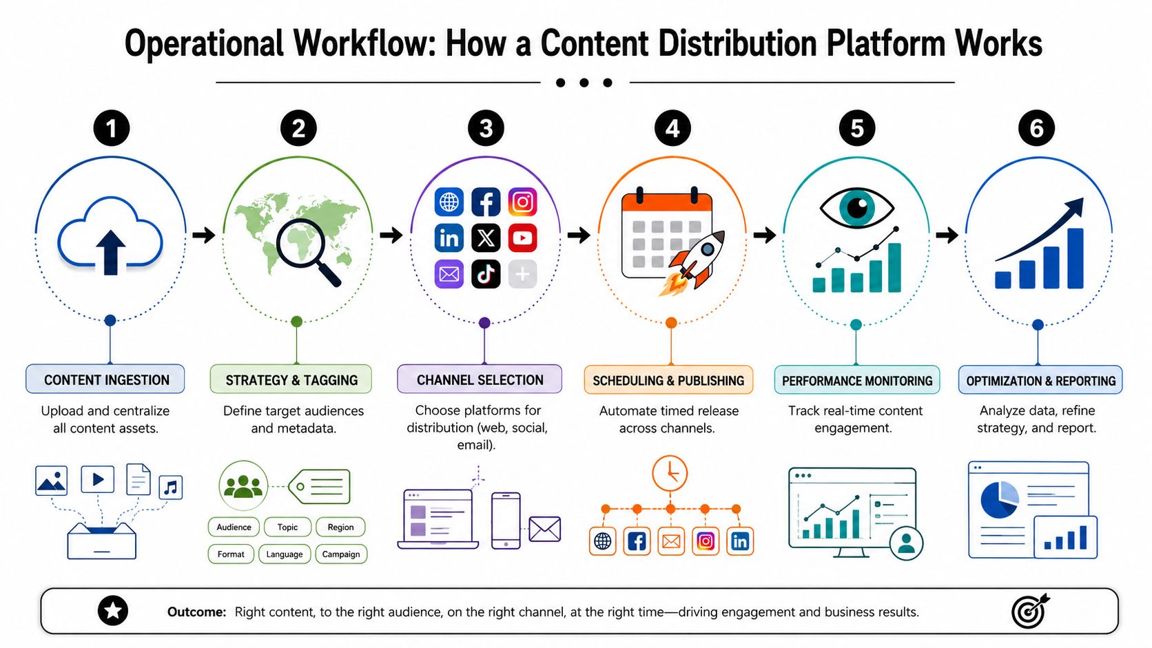 A diagram illustrating the six-step operational workflow of a professional content distribution platform for digital marketing.