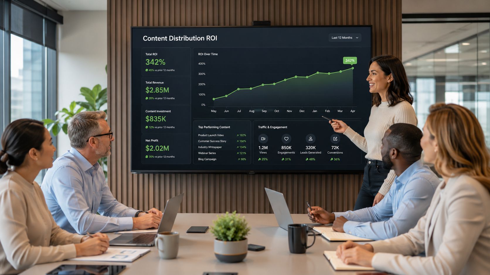 A professional business team viewing content distribution ROI data on a large digital screen in a conference room.
