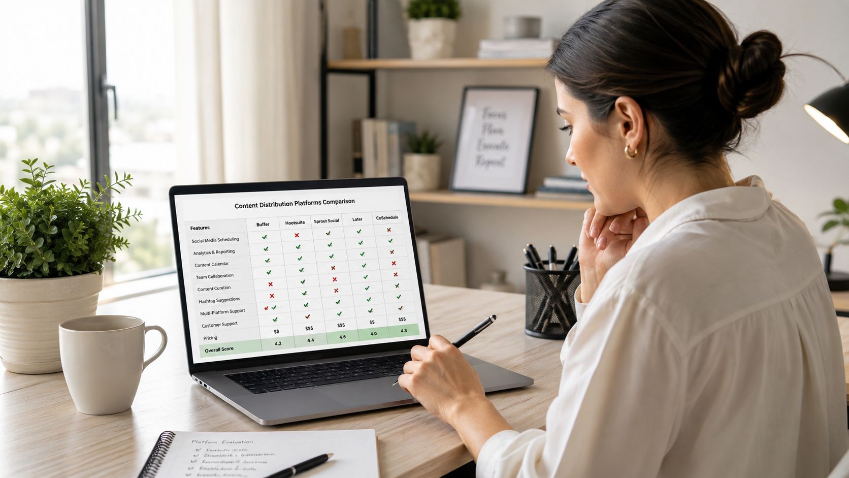 A woman working at a desk, reviewing a content distribution platform comparison chart on her laptop.