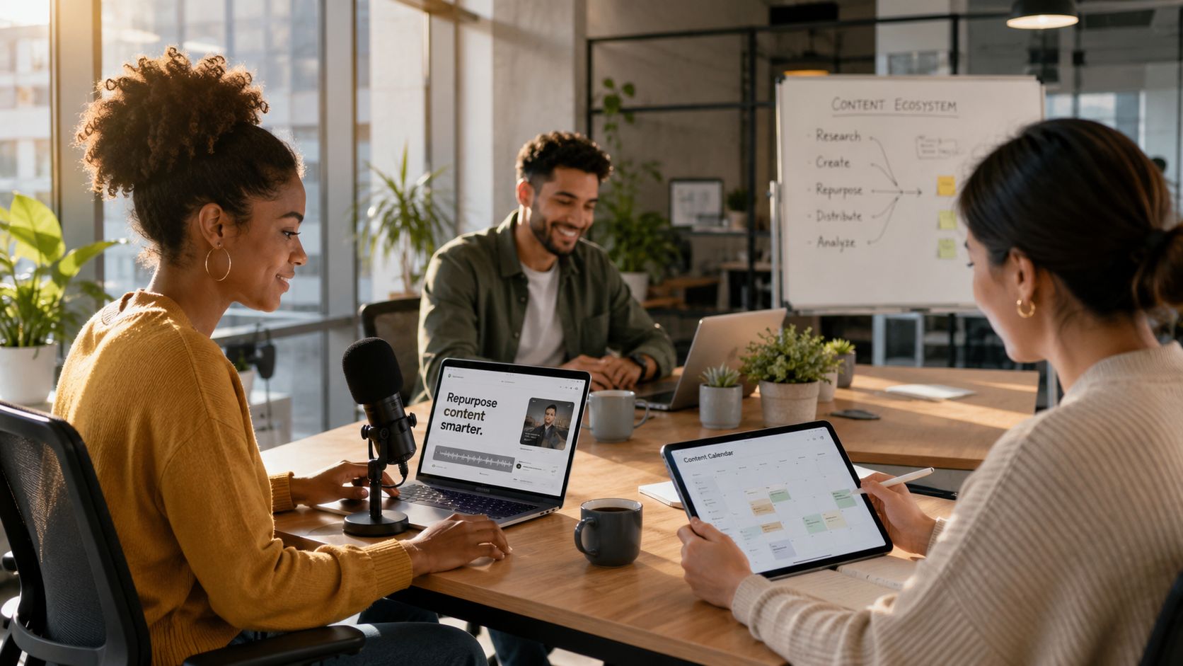 A diverse team collaborating in a modern office while discussing content repurposing strategies and planning schedules.