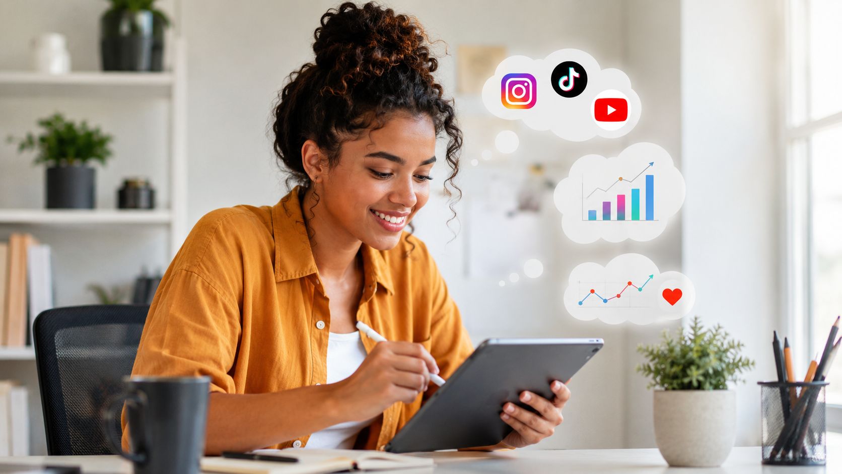 A woman working on a tablet, visualizing social media growth and video content strategies for her audience.