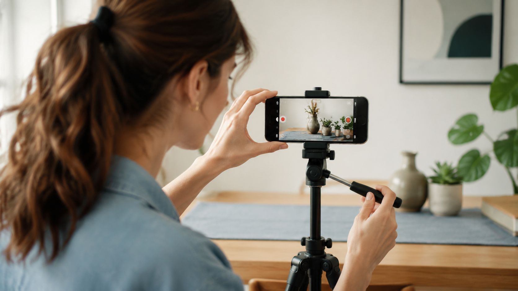 A woman using a smartphone on a tripod to record a video of decorative plants at home.