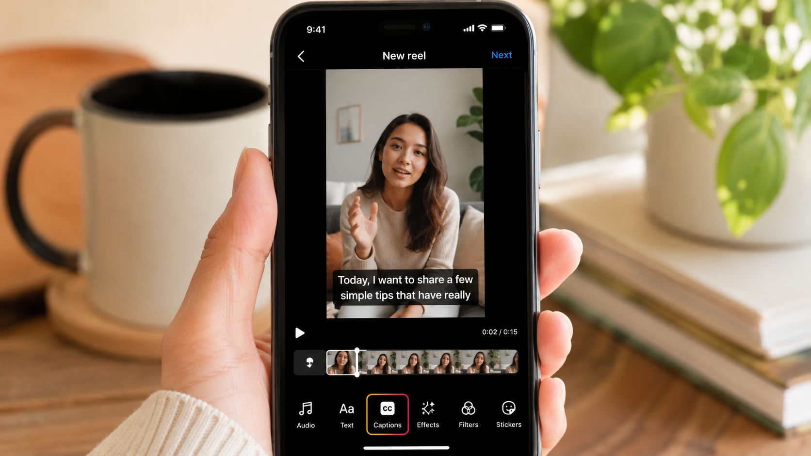 A person holding a smartphone showing an interface for adding captions to an Instagram reel video.