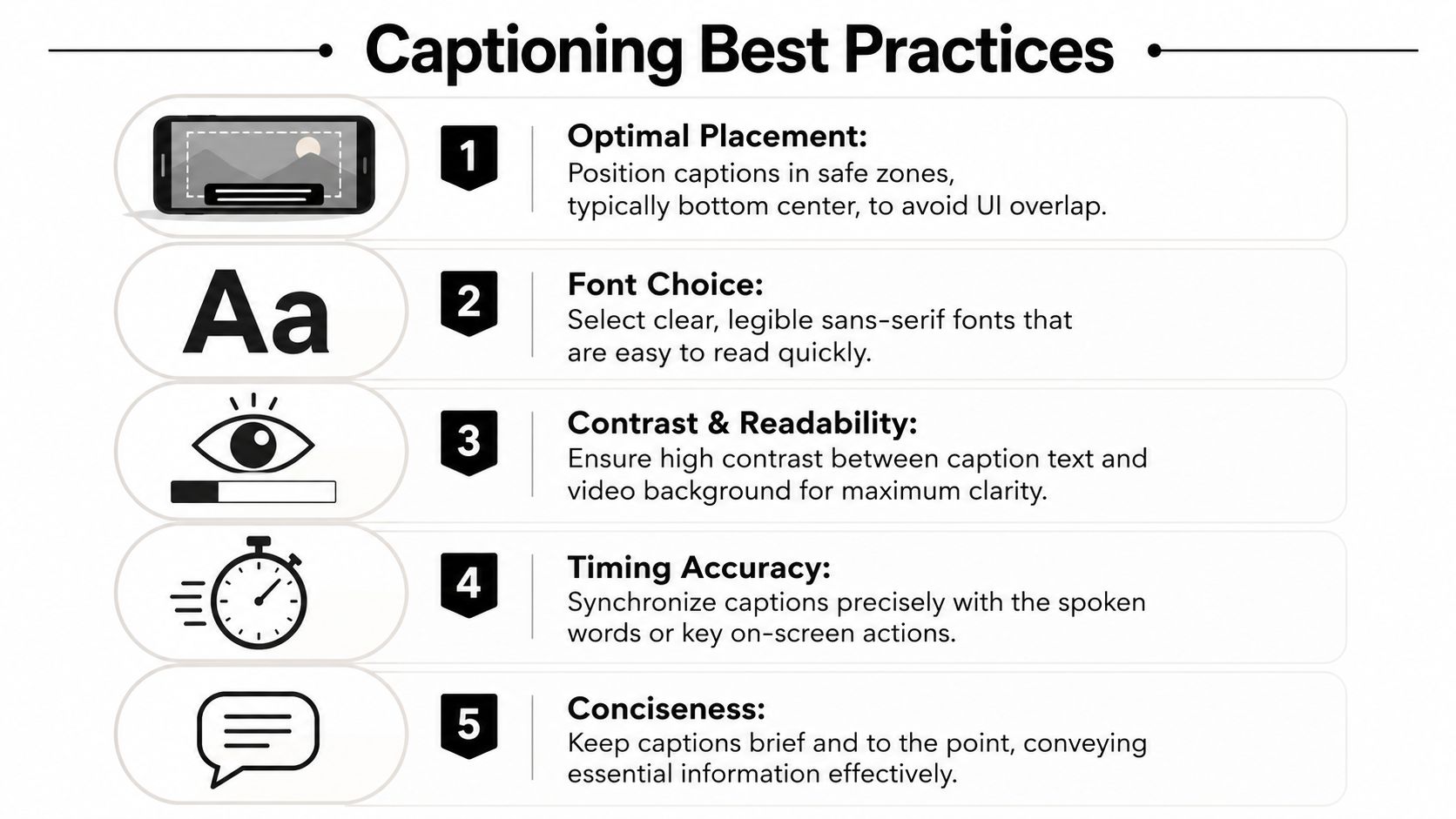 An infographic detailing five best practices for creating effective and accessible video captions for social media.