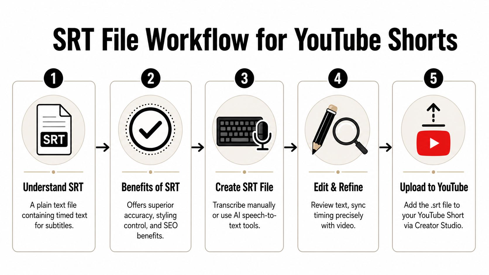 An infographic showing a five-step workflow for creating and uploading SRT subtitle files to YouTube Shorts.