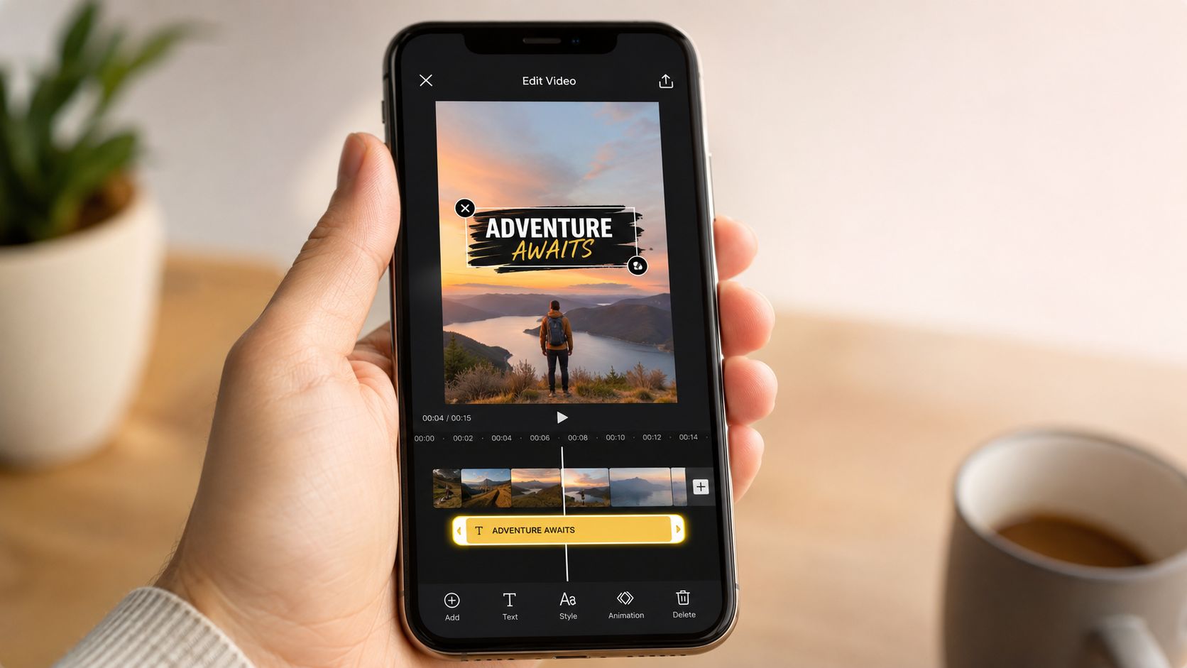 A hand holding a smartphone displaying a video editing application with text overlay on a scenic landscape.