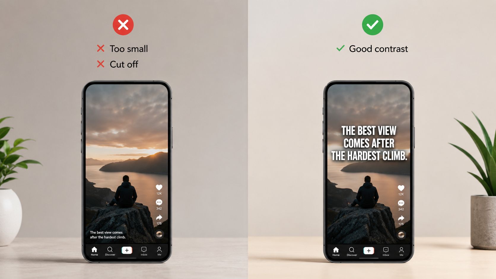 A comparison showing bad versus good text readability practices on a mobile video editing interface.