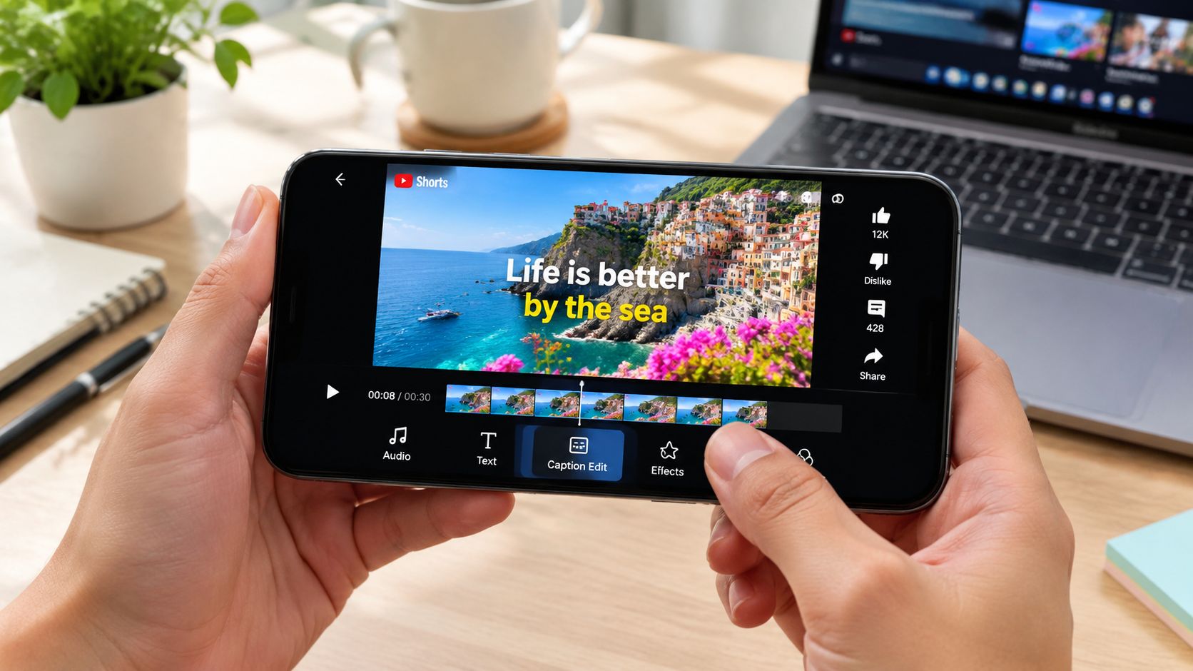 Illustration of a phone showing a captioned seaside clip and video editing controls.