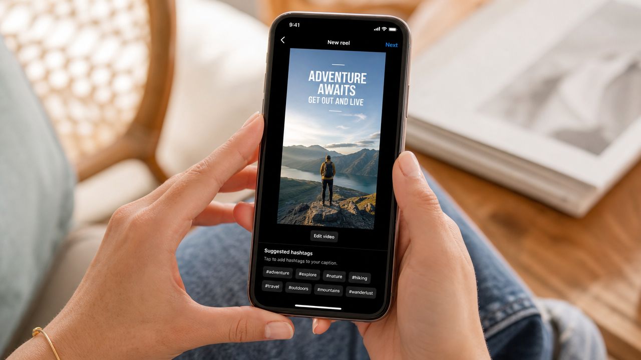 A person holding a smartphone displaying an Instagram Reel creation screen featuring mountain landscape scenery.