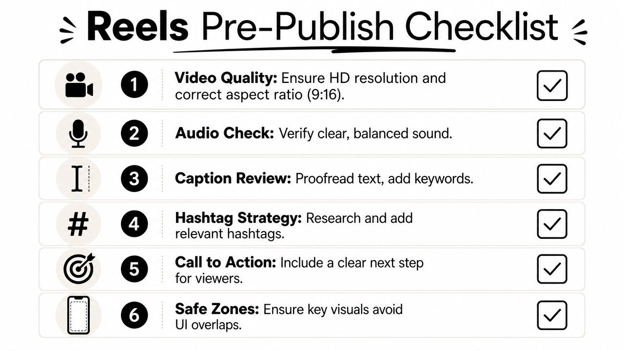 A Reels pre-publish checklist graphic for social media content creators, illustrating six essential steps for video optimization.