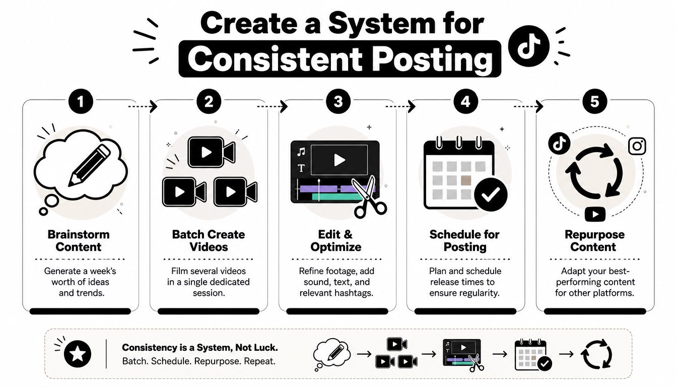 A five-step instructional graphic showing a system for consistent social media content creation and posting.