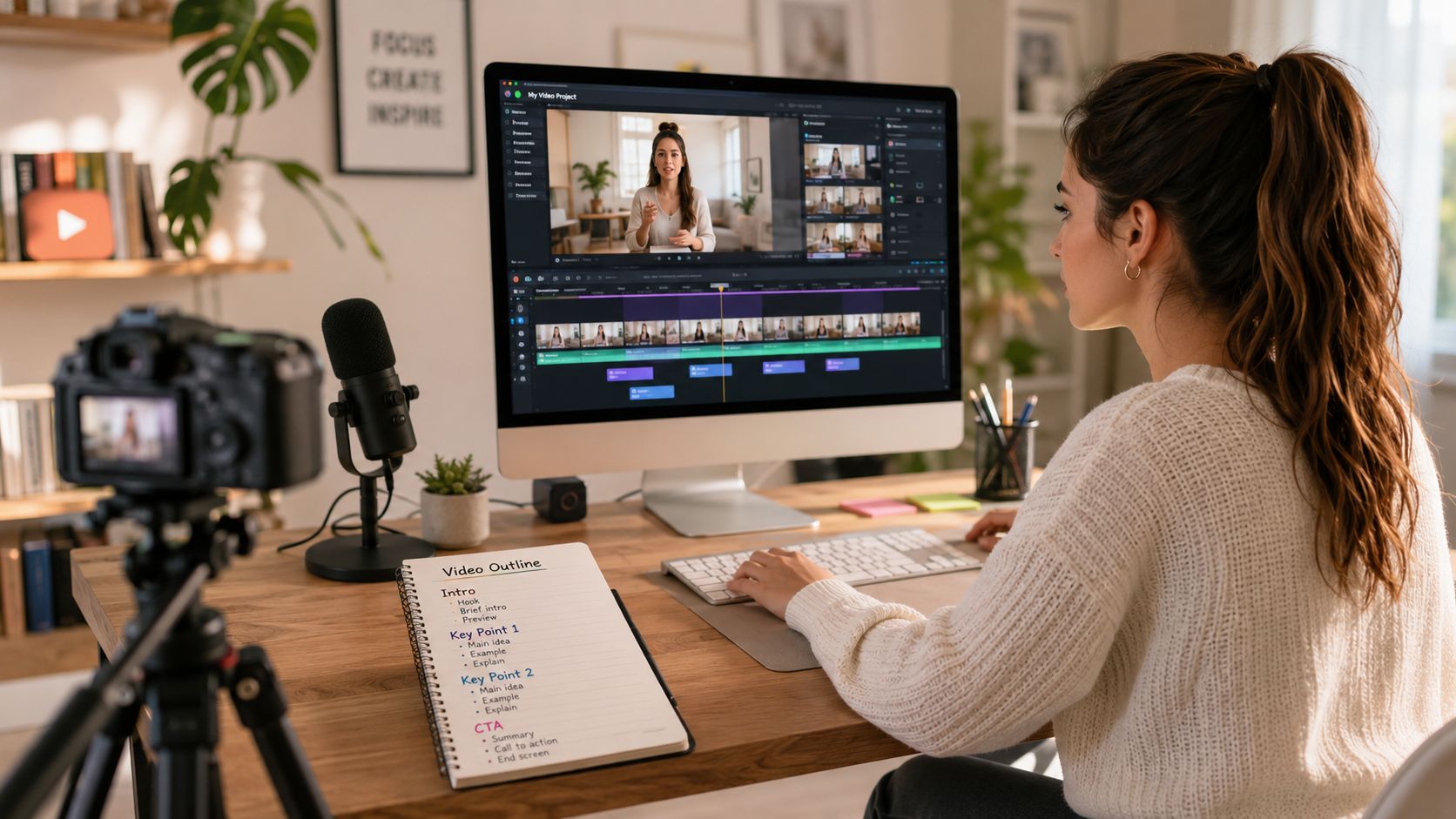 A young woman editing a video on a computer in a creative home office workspace.