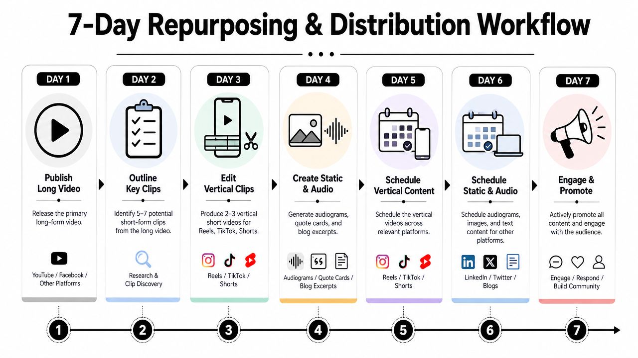 A 7-day workflow chart for repurposing and distributing long-form video content into short-form media assets.