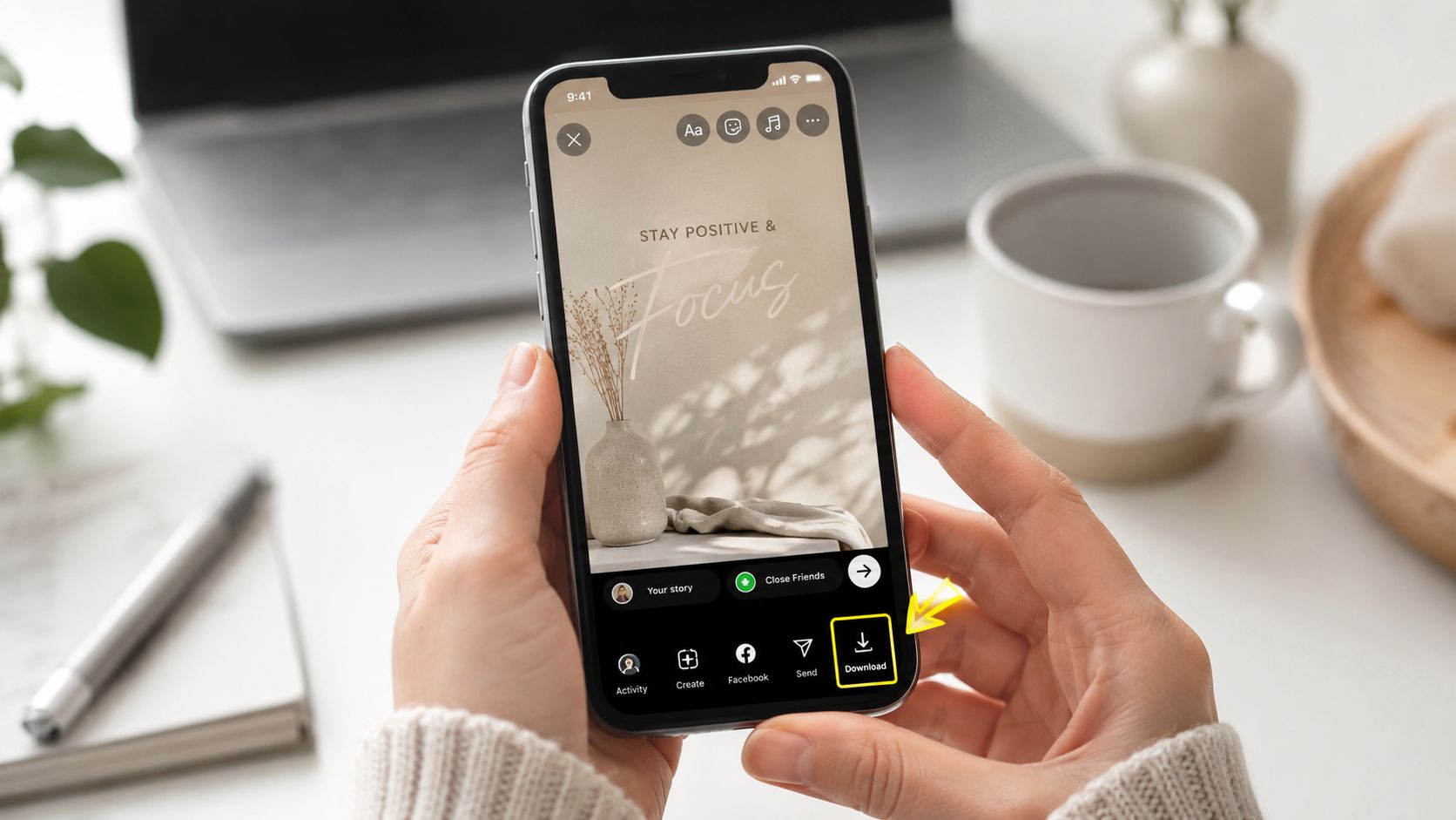 A person holding a smartphone showing an Instagram story editor interface with a prominent download icon highlighted.