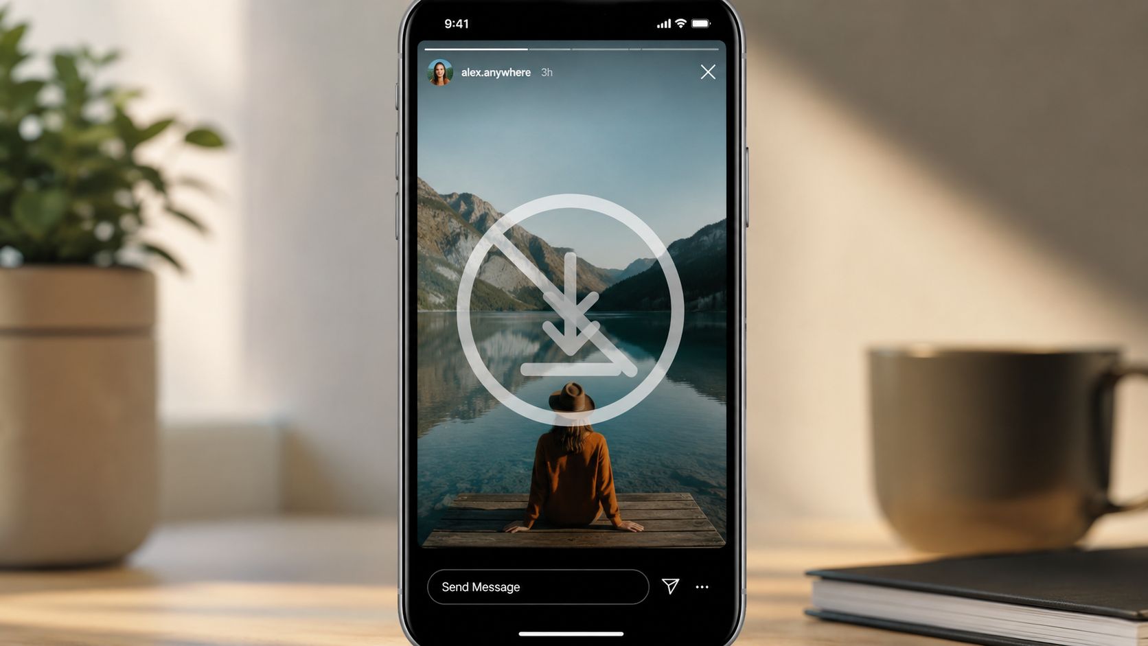 A smartphone screen displaying an Instagram story with a download icon overlay, indicating content cannot be saved.