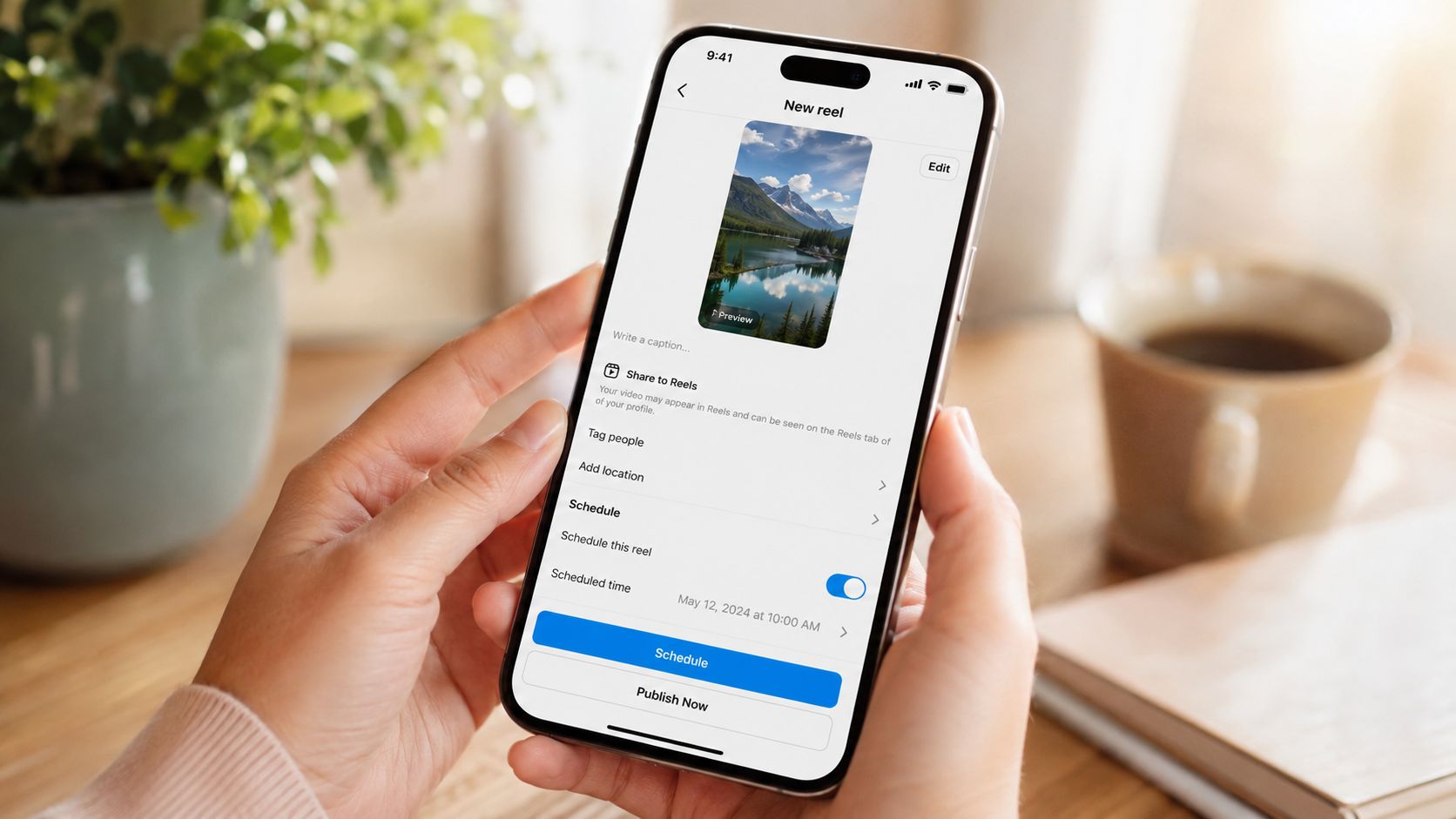A person holding a smartphone displaying the Instagram screen to schedule a new reel post.