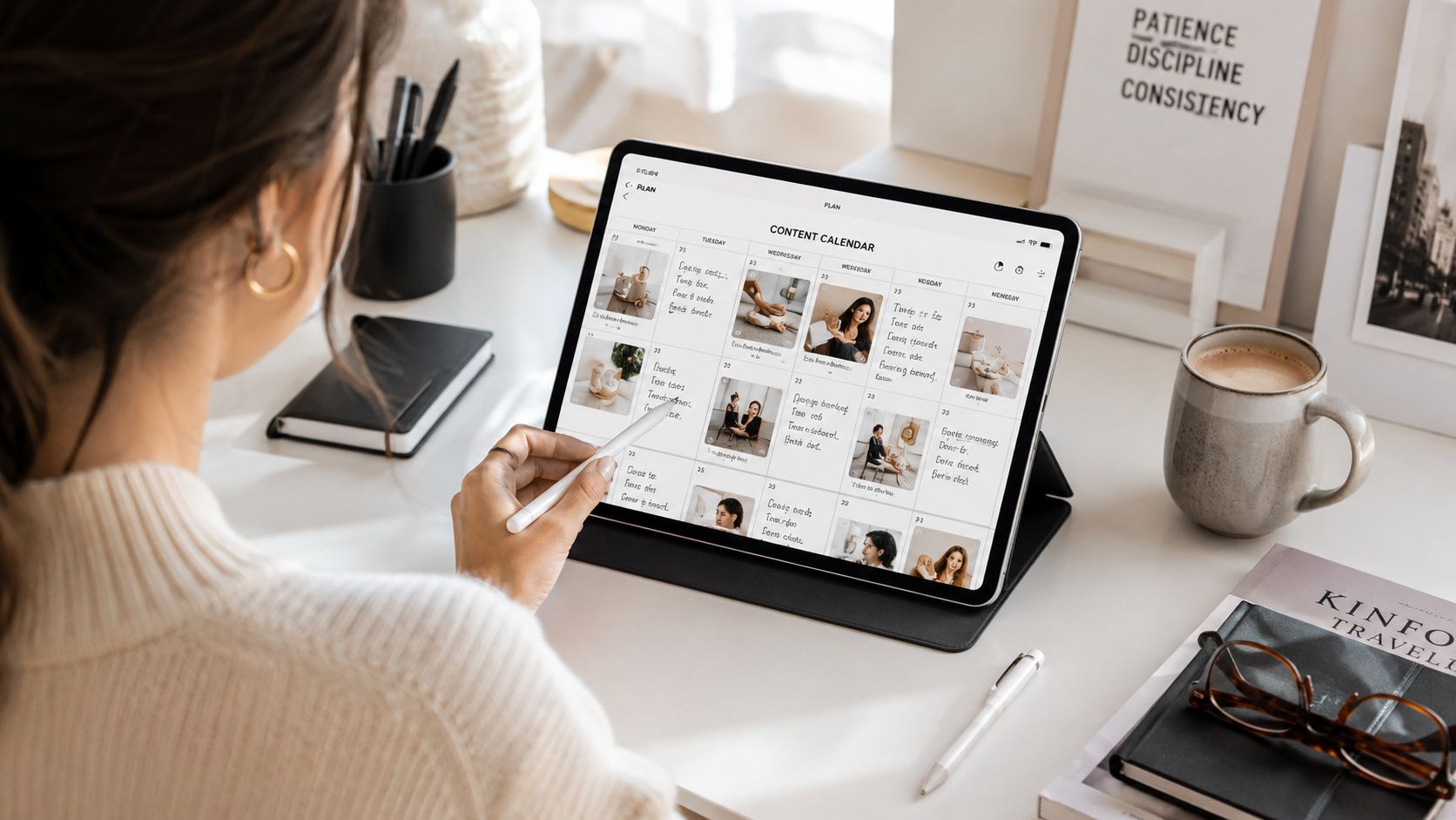 A woman using a tablet and stylus to organize a content calendar for Instagram Reels planning.