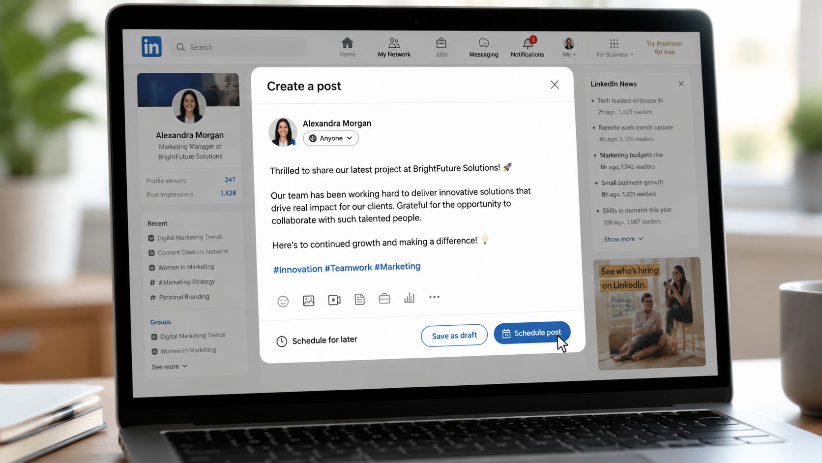 A laptop screen displaying the LinkedIn interface with an open window for scheduling a professional post.
