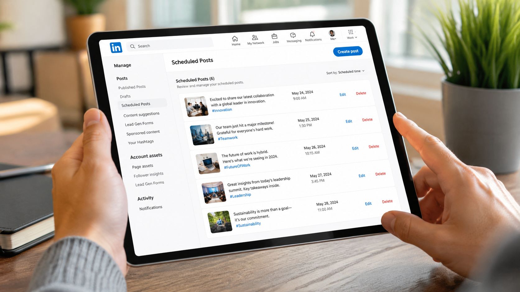 A person holding a tablet displaying the scheduled posts dashboard on the LinkedIn professional networking platform.