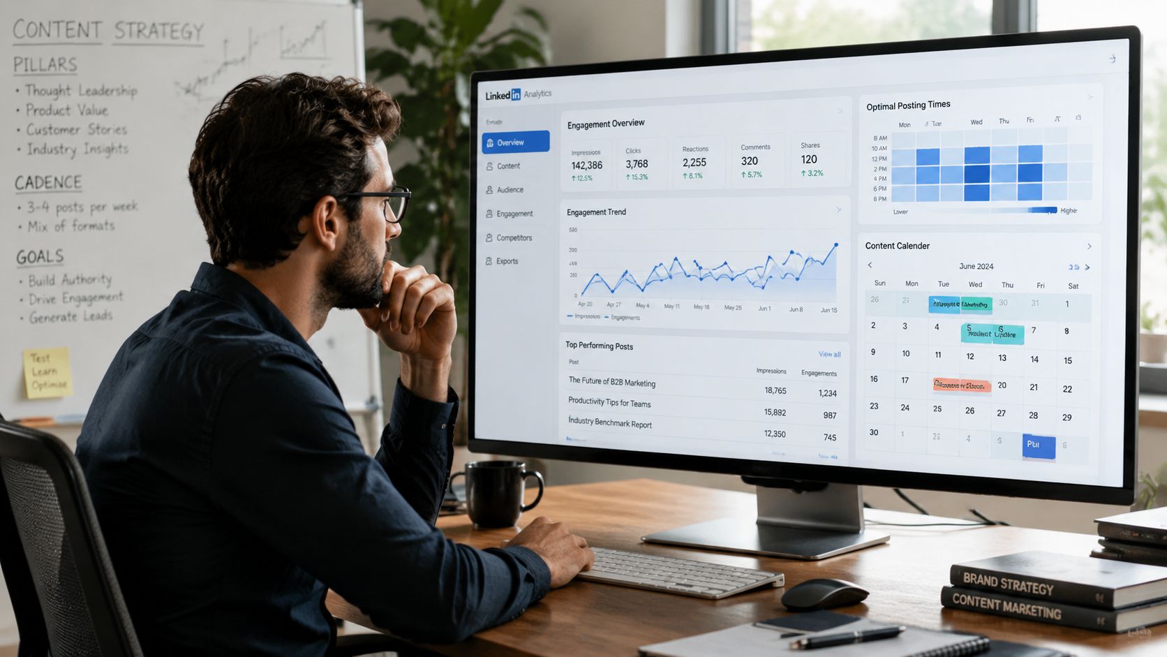 A professional man analyzing social media analytics on a large monitor in a modern office setting.