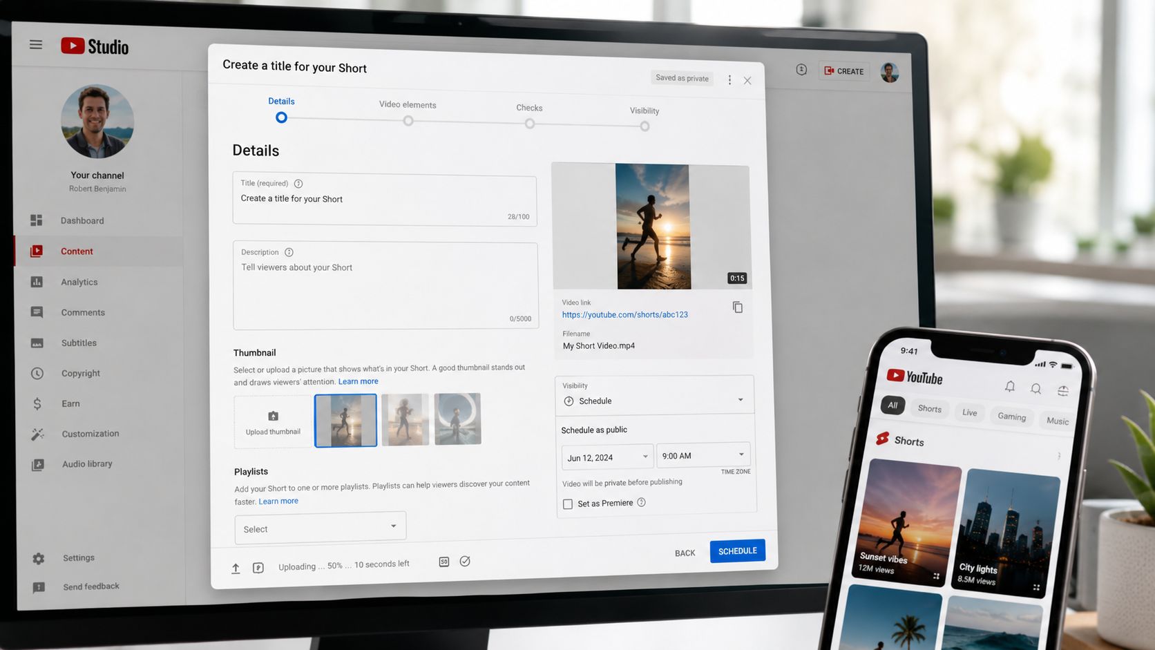 A desktop monitor showing the YouTube Studio interface for scheduling a short video alongside a smartphone.