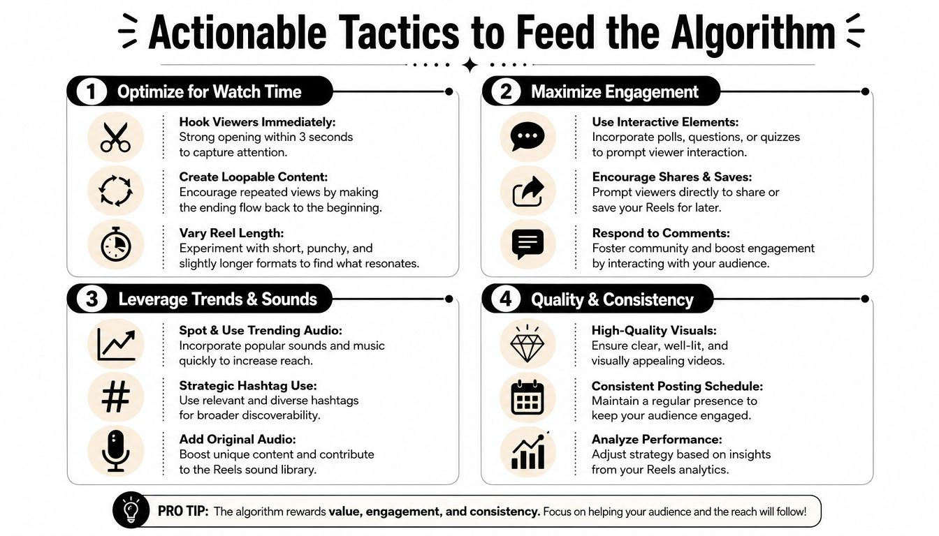 An infographic detailing four actionable strategies to improve performance on the Instagram Reels algorithm effectively.