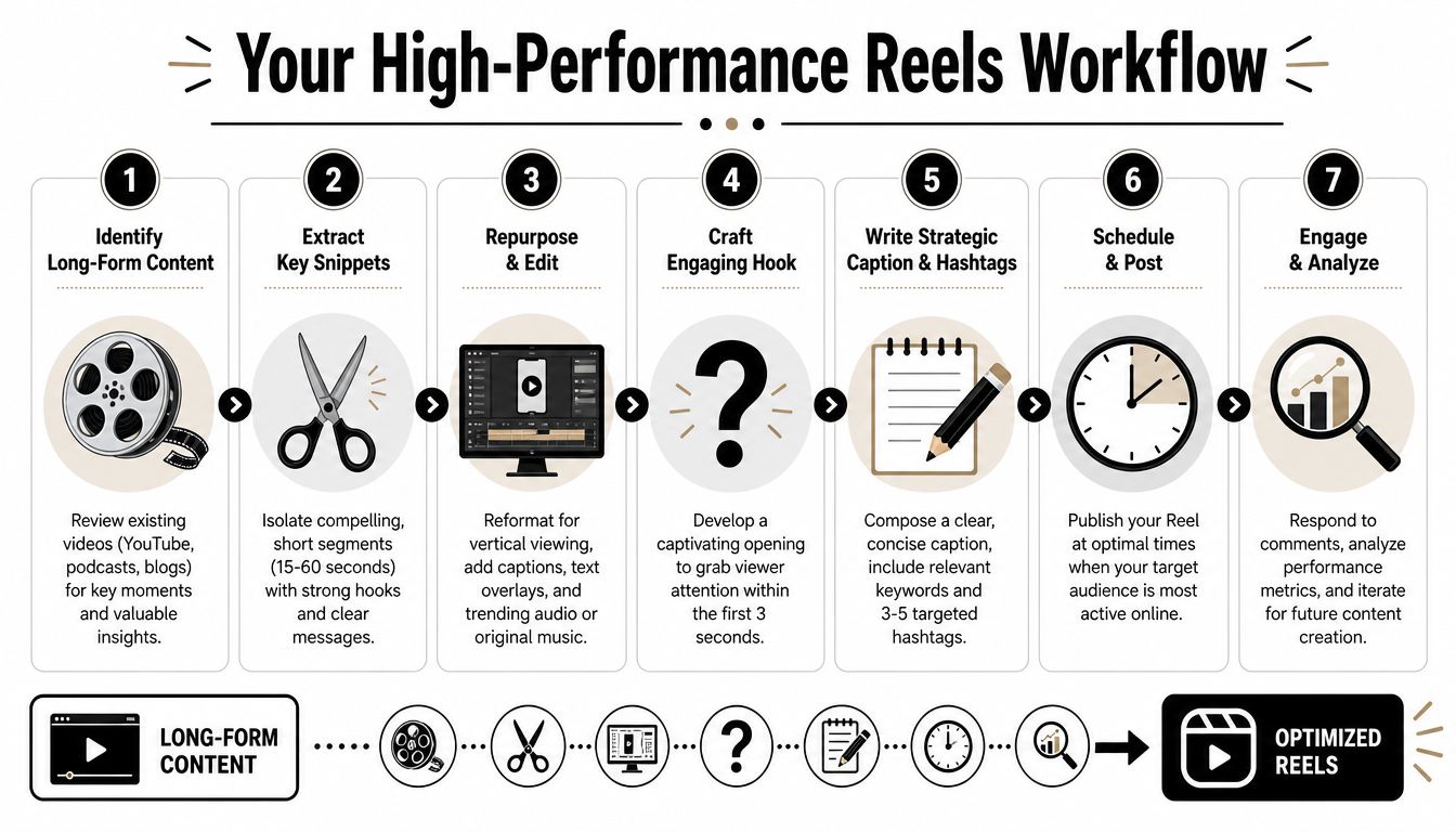 A seven-step workflow diagram detailing how to create and optimize high-performance social media video reels.