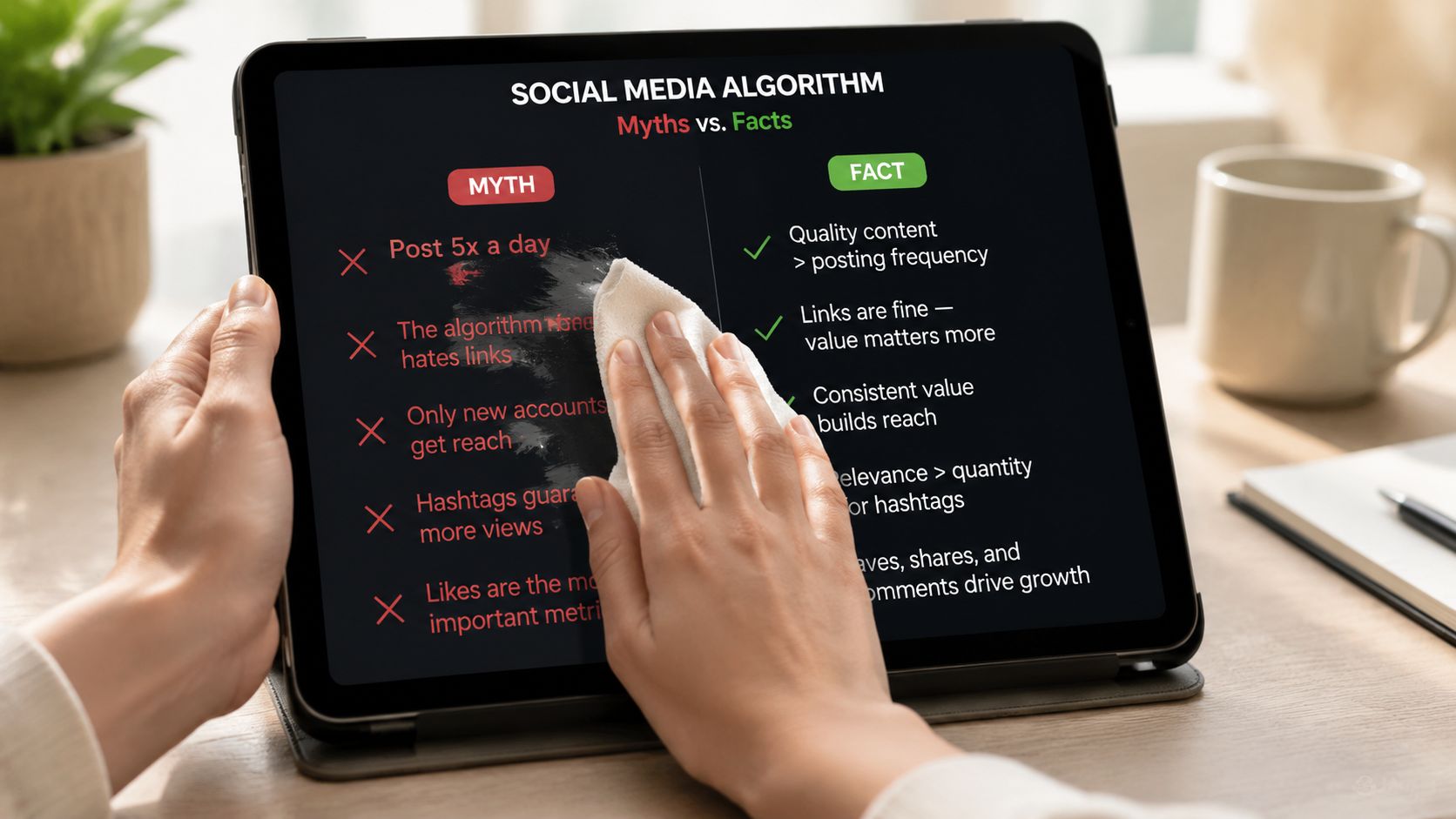 A tablet held by hands showing a infographic comparing common social media algorithm myths versus real facts.