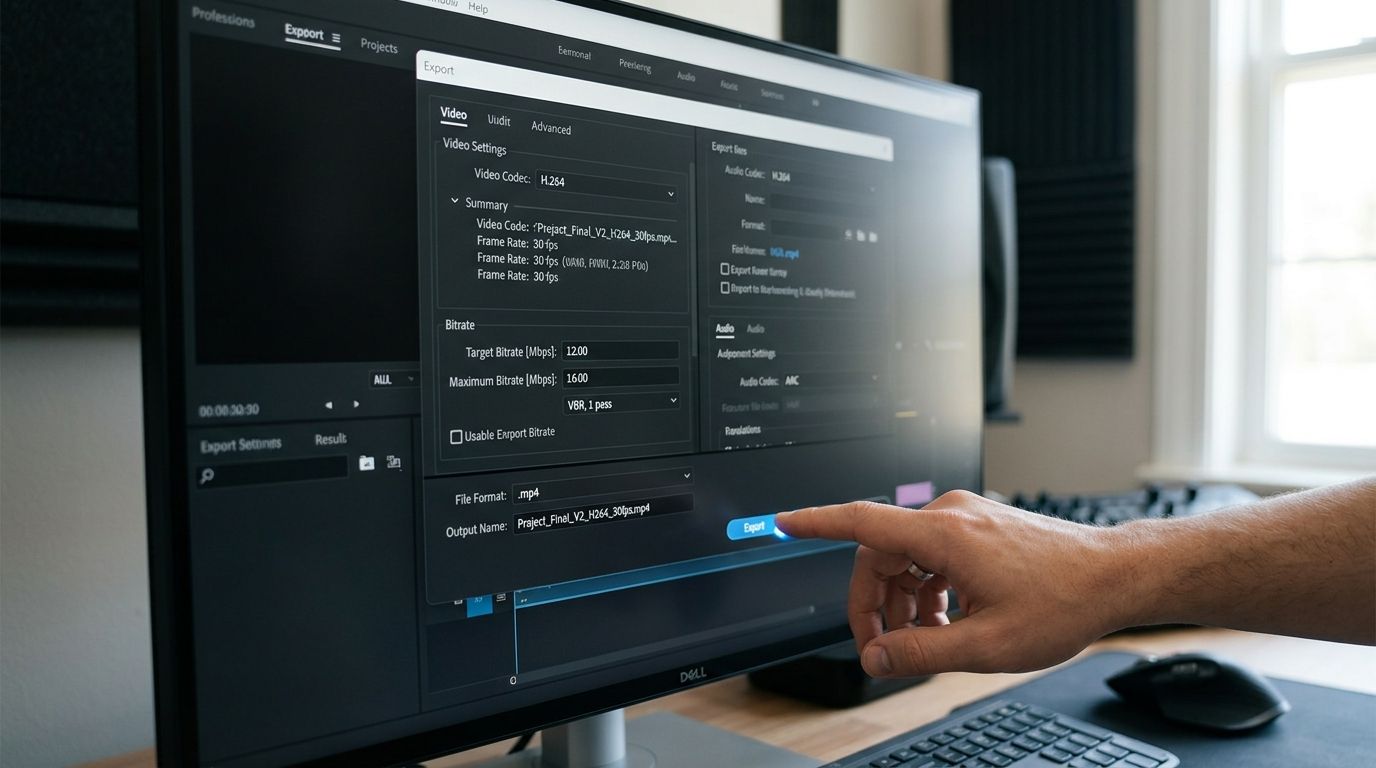A person clicking the export button on a computer screen while editing a video file.