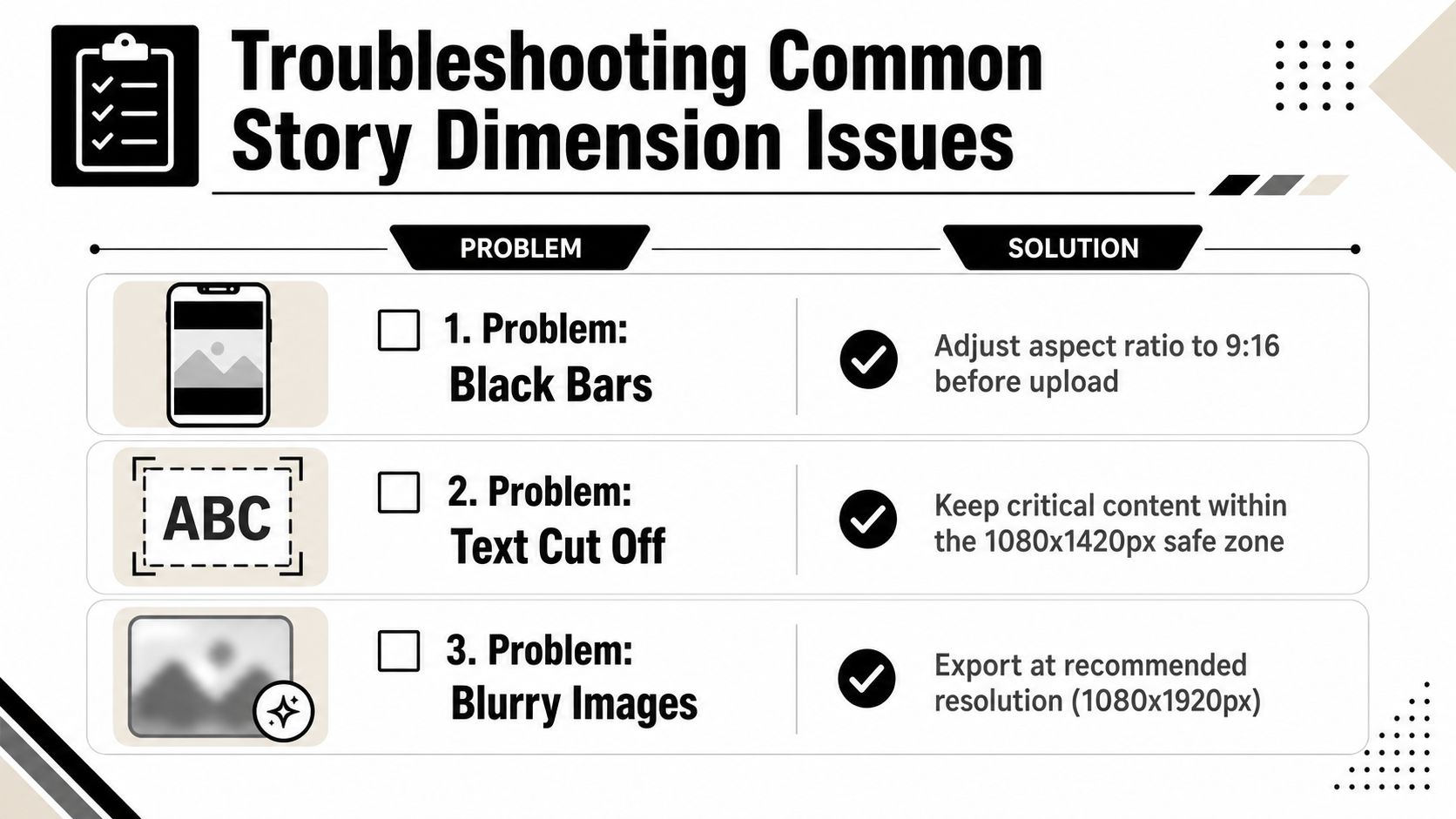 An infographic titled Troubleshooting Common Story Dimension Issues with three solutions for common social media formatting problems.