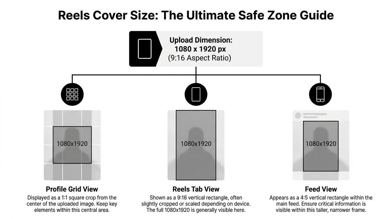 A diagram illustrating the ideal Instagram Reels cover photo dimensions and safe zones for different viewing layouts.
