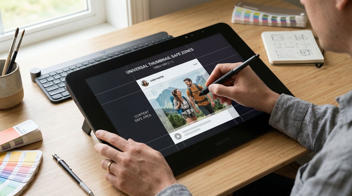 Designer working on a Wacom tablet, editing a square Instagram post design with safe zone overlays.