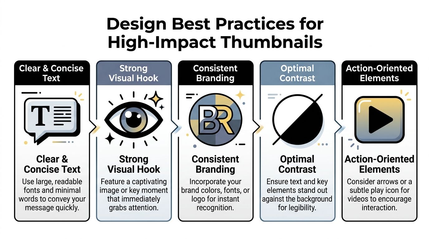 An infographic showing five best practices for designing high-impact thumbnails, including text, visuals, branding, contrast, and action.