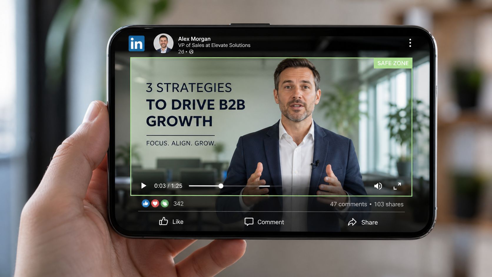 A person holding a tablet displaying a professional LinkedIn B2B growth video in a safe zone frame.