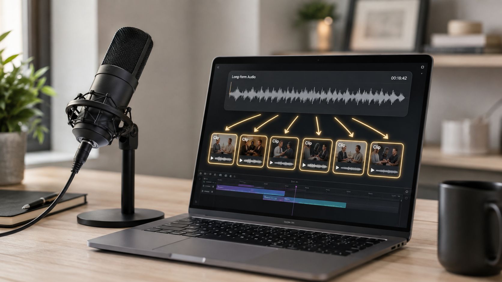 A modern laptop displaying video editing software for podcast clips with a professional microphone on the desk.