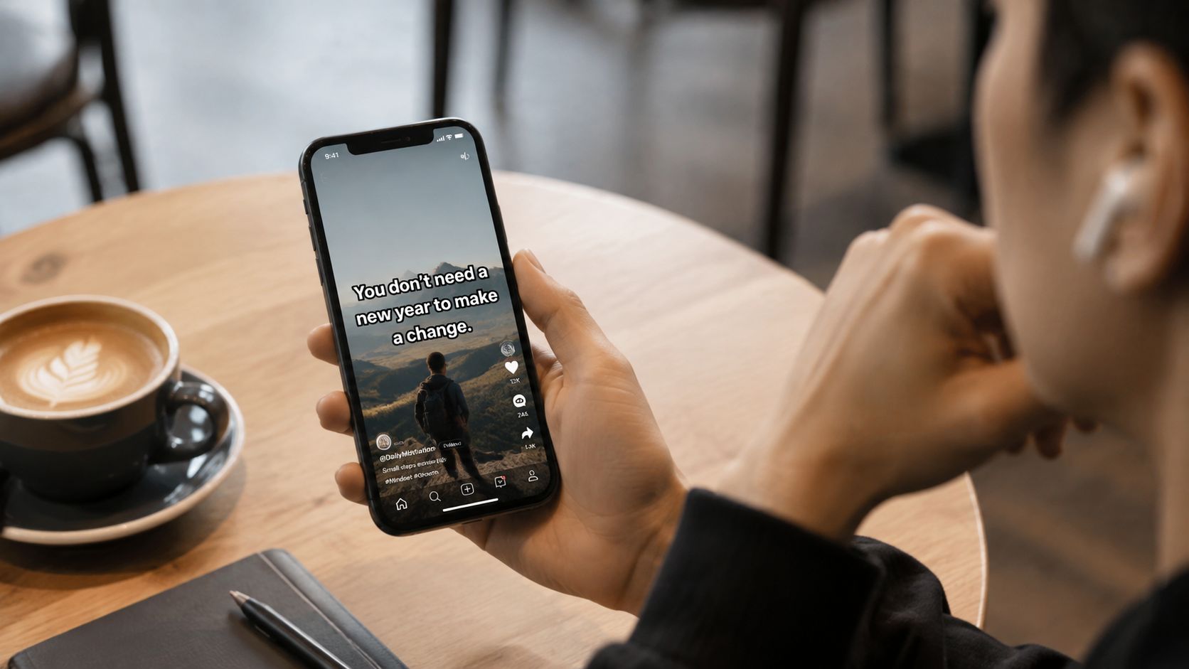 A person holding a smartphone showing a motivational post about personal change while sitting in a cafe.