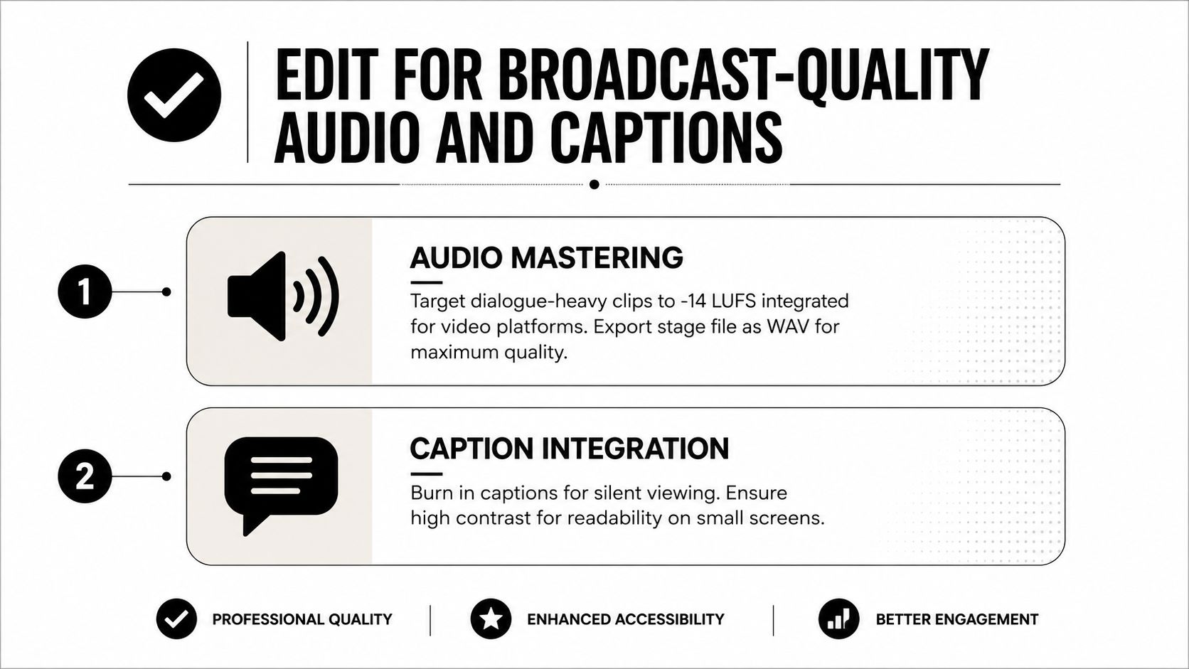 A graphic showing tips for high quality podcast to video production including audio mastering and caption integration.