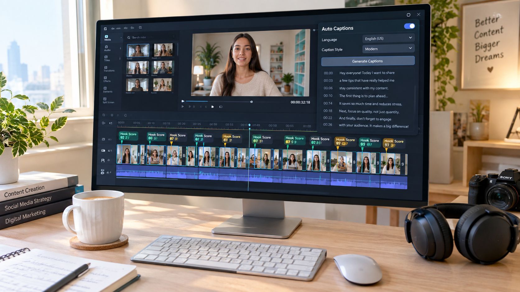 Illustration of a desktop video editor with a caption panel and a timeline of short clips.