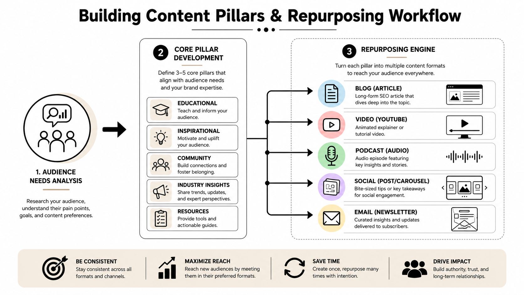 A diagram outlining a three-step content strategy for building pillars and repurposing content across multiple formats.