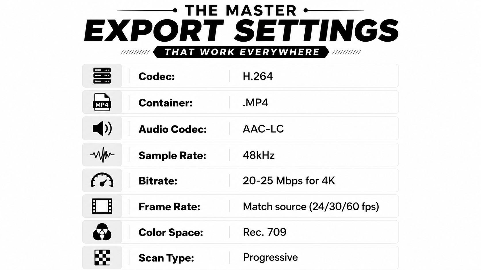 An infographic titled The Master Export Settings showing recommended settings like H.264, MP4, and AAC-LC for high-quality video.