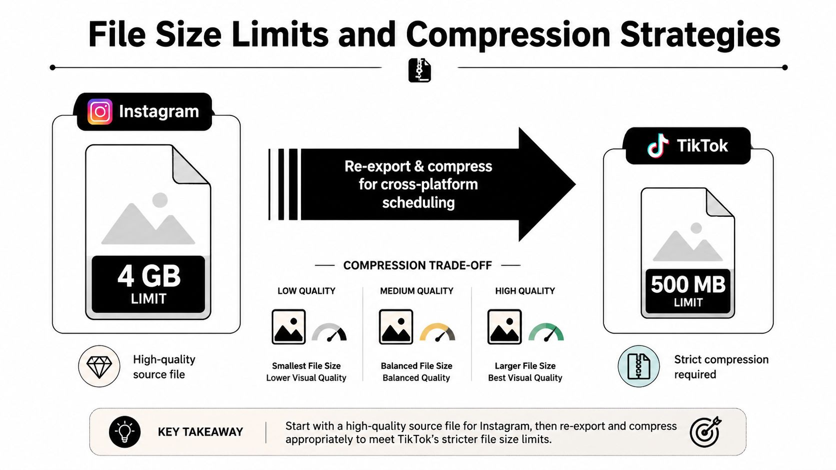 An infographic comparing file size limits for Instagram and TikTok with advice on video compression strategies.