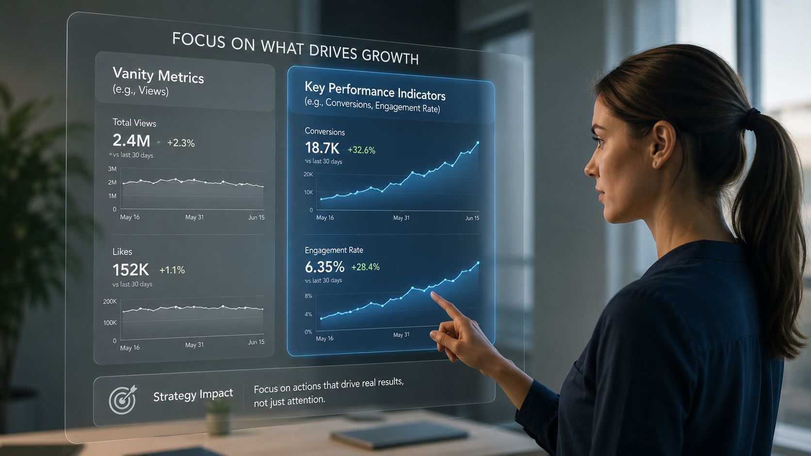 A professional woman interacting with a holographic display comparing vanity metrics to key performance indicators for business.